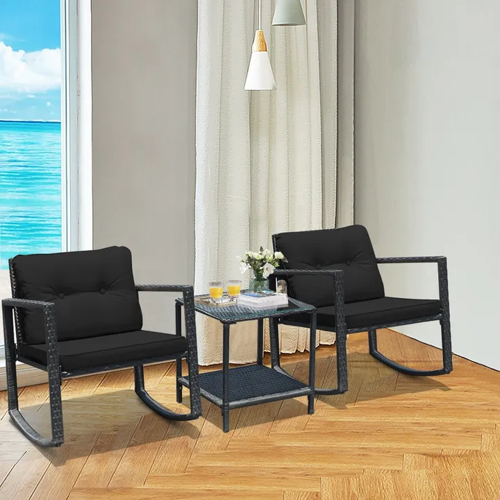 Directdeals Cushioned Patio Rattan Set With Rocking Chair And Table