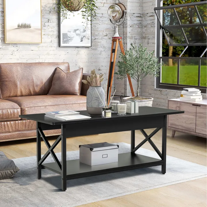 Directdeals 2 Tier Industrial Rectangular Coffee Table With Storage Shelf
