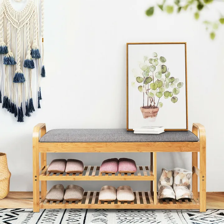 Directdeals 3-Tier Bamboo Shoe Rack Bench With Cushion