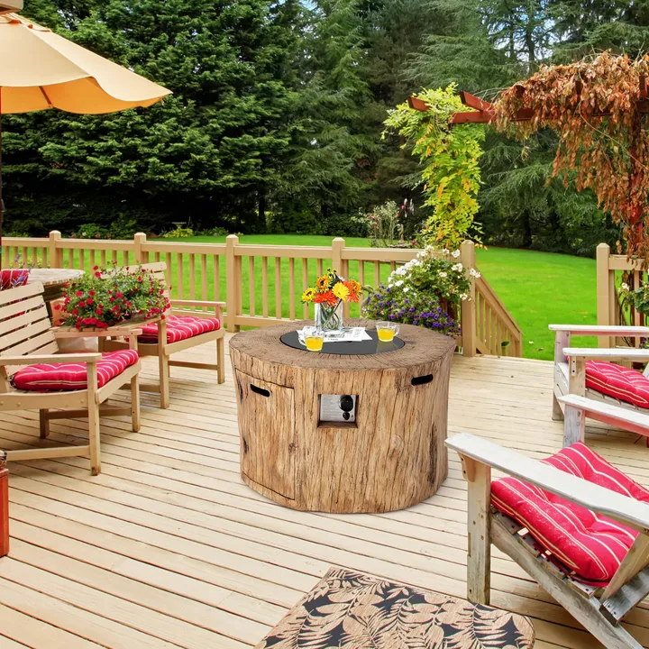 Directdeals Round Propane Gas Fire Pit Table Wood-Like Surface W/ Laval Rock Cover