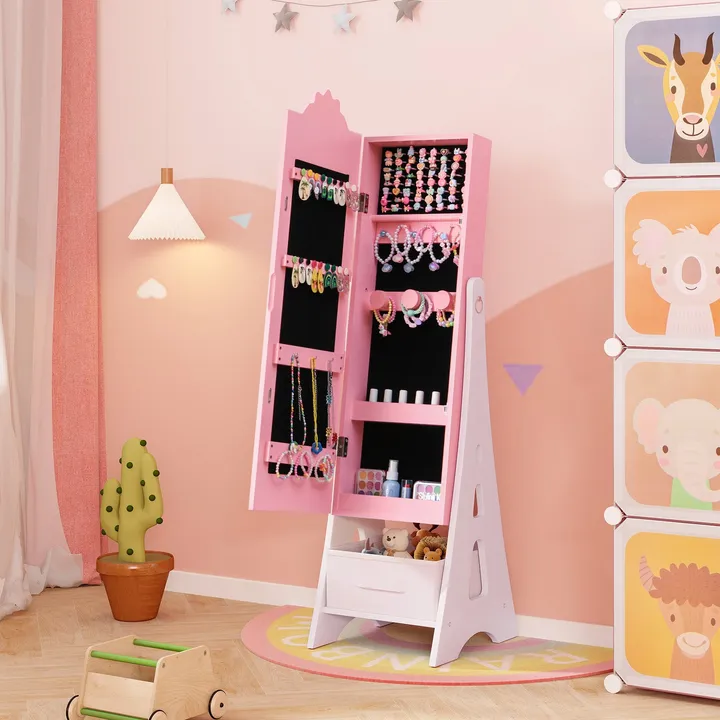 Gbruno Store Kids Jewelry Cabinet With Full-length Mirror And Foldable Drawer