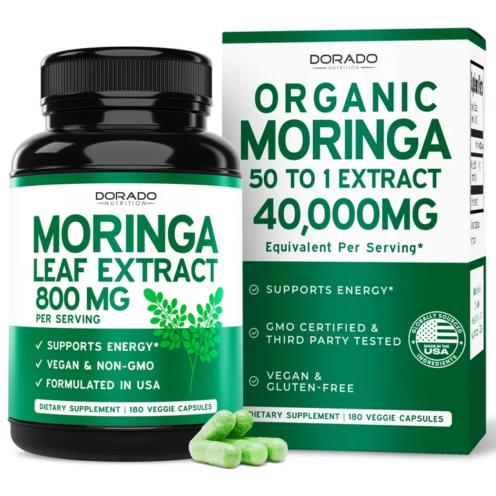 Dorado Nutrition Organic Moringa Capsules 40,000mg (3 Month Supply) Pure Organic Moringa Leaf Powder Supplement - Energy, Skin, Gut Health Support - Vegan Safe, Third Party Tested & Non GMO - USA Made - (180 Capsules)