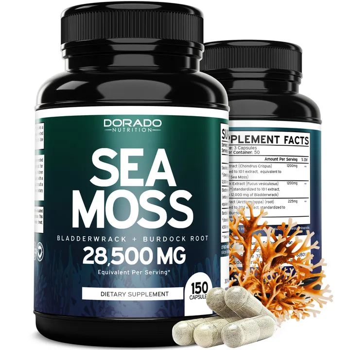 Dorado Nutrition Irish Sea Moss Capsules 2,625mg (150 Capsules) with Bladderwrack & Burdock Root - Raw Seamoss Pills for Thyroid, Energy, & Immune Support - Third Party Tested, No Fillers, Vegan Safe, Made in USA