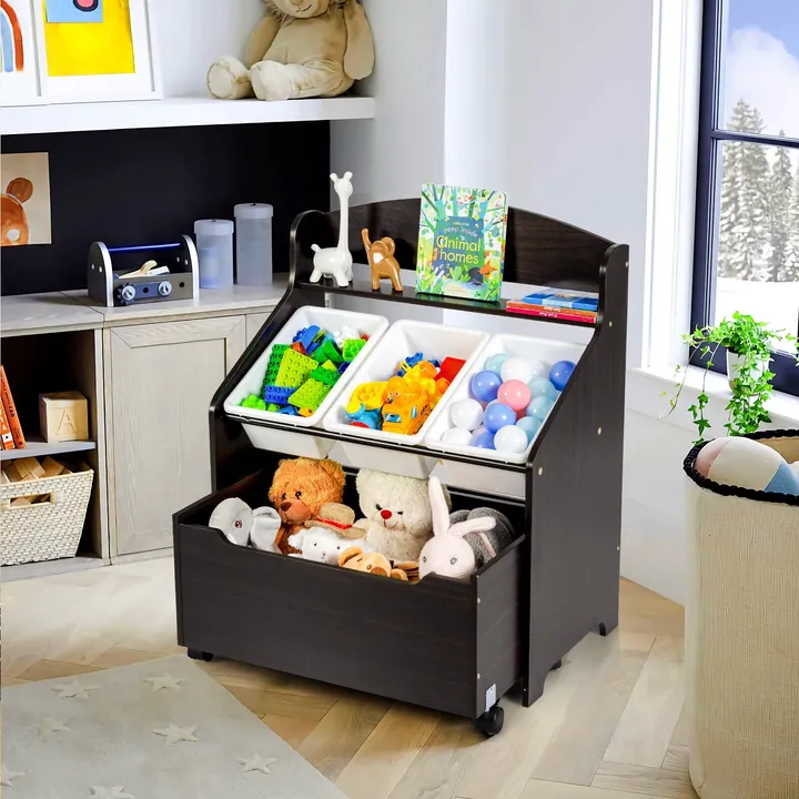 Gbruno Store Kids Wooden Toy Storage Unit with Rolling Toy Box