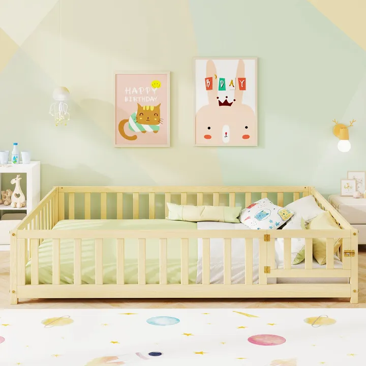 Gbruno Store Montessori Bed Frame With Full-length Guardrails Safety Door And Latch