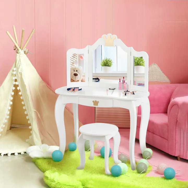 Gbruno Store Kids Makeup Dressing Table With Tri-Folding Mirror And Stool