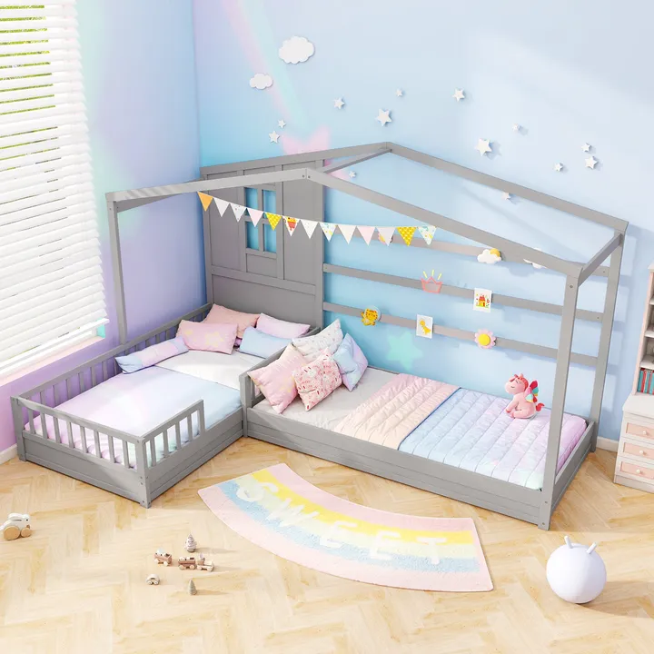 Gbruno Store L-shaped Double Twin Beds House Beds With Fences Corner Bed Frame