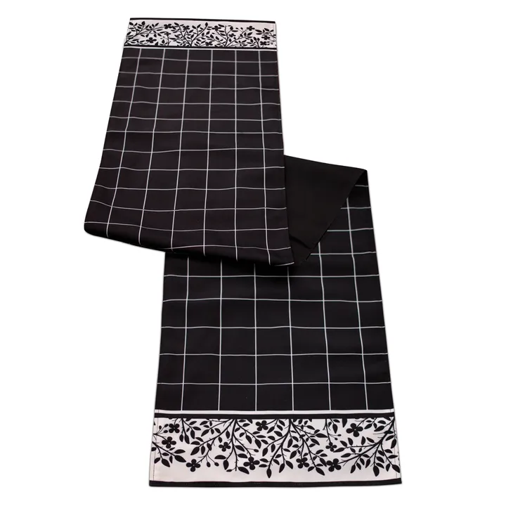 Melrose International Elegant Black Plaid Table Runner with Floral Accents