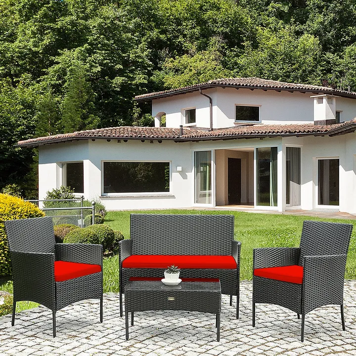 Directdeals Patio Rattan Cushioned Sofa Furniture Set with Glass Coffee Table
