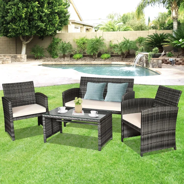 Directdeals Patio Rattan Furniture Set Top Sofa With Glass Table