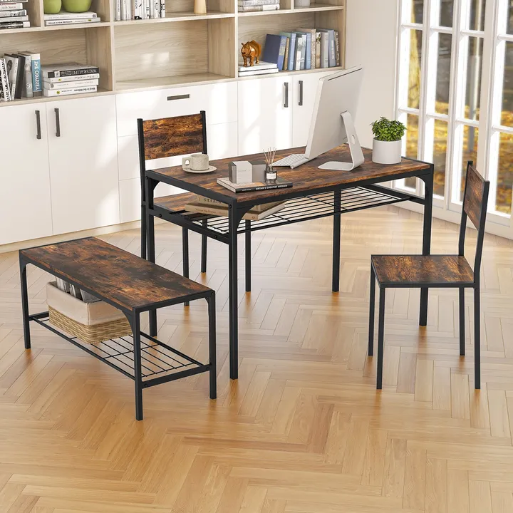 Directdeals Industrial Style Rectangular Kitchen Table with Bench and Chairs