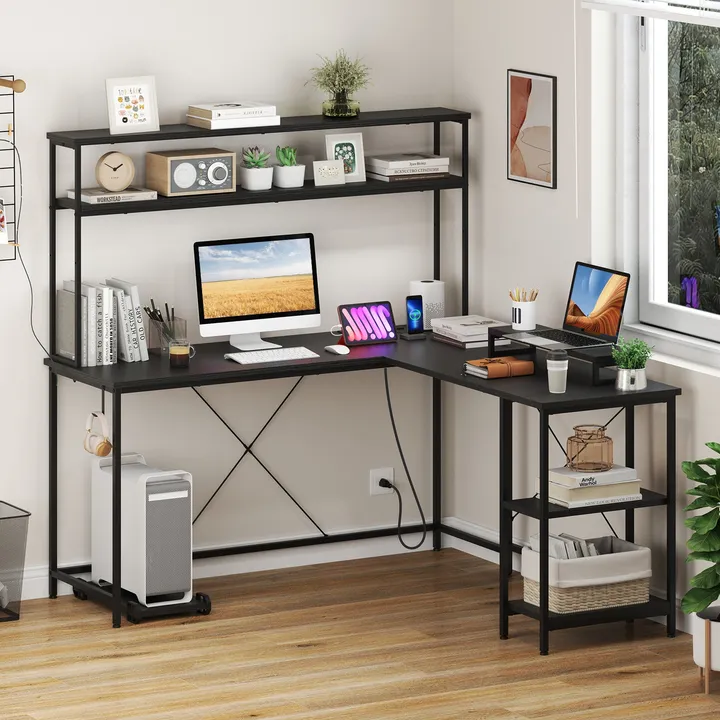 Directdeals L-Shaped Reversible Gaming Desk with LED Strip and Power Outlets