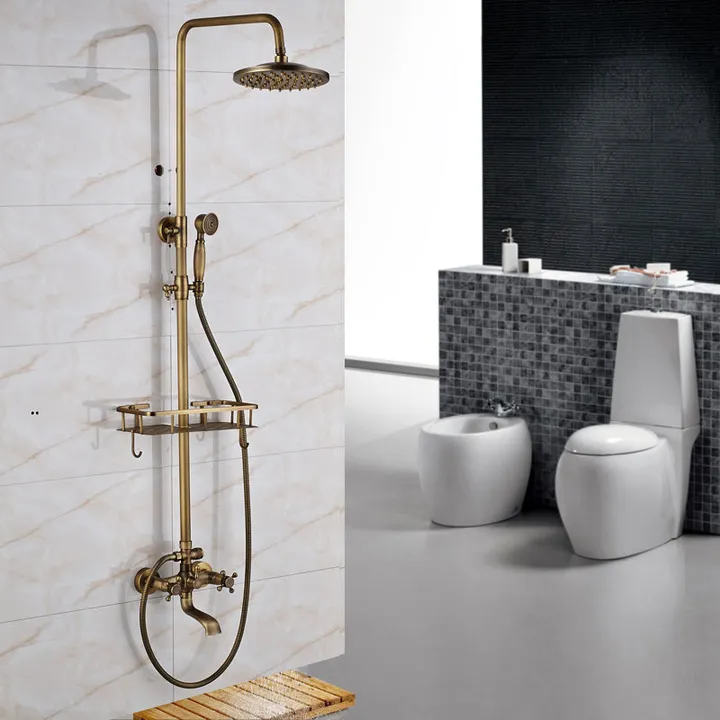 Onetify Double Handle Wall Mounted Shower Faucet Set with Storage Holder