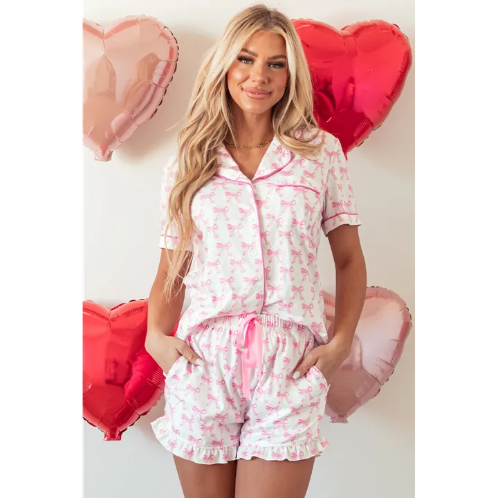 Threaded Pear Apparel Bow Short Sleeve and Ruffled Shorts Pajama Set