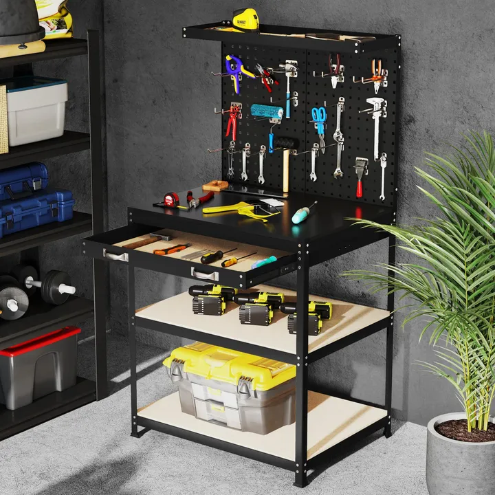 Directdeals 32 X 16 Inch Workbench Work Table With Pegboard Drawer And Shelves