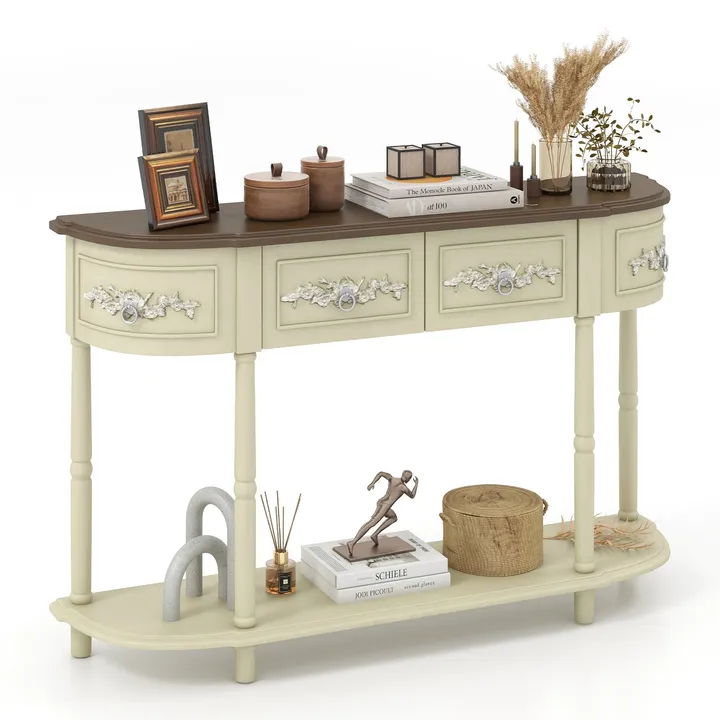 Directdeals Retro Curved Console Table With Drawers And Solid Wood Legs